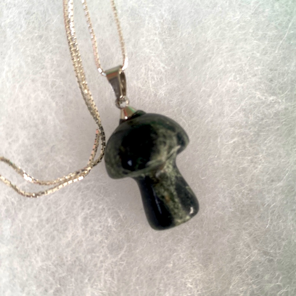Green Jasper Mushroom Sterling Silver Necklace 16”